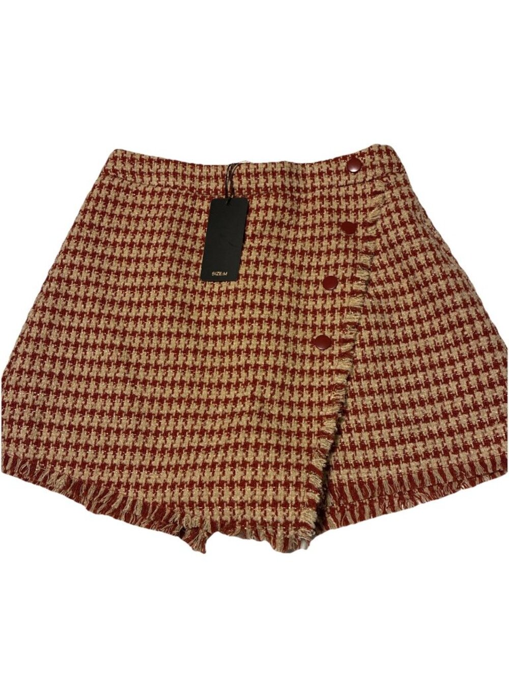 Shinestar Skort Size M Red Gold Metallic Tweed Houndstooth Plaid Faux Wrap Mini